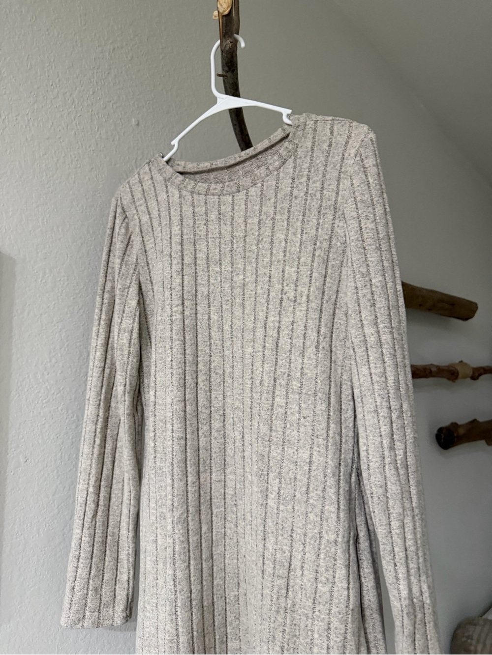 Ribbed Crew Neck Knit Sweater Dress - Cream